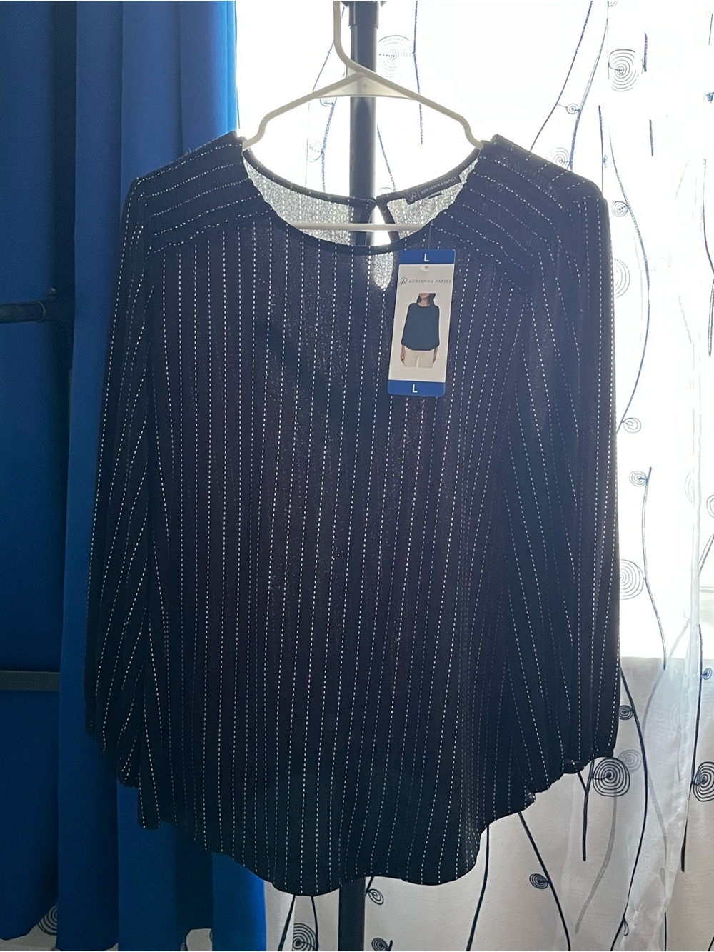 Adrianna Papell Black Blouse with White Pinstripes